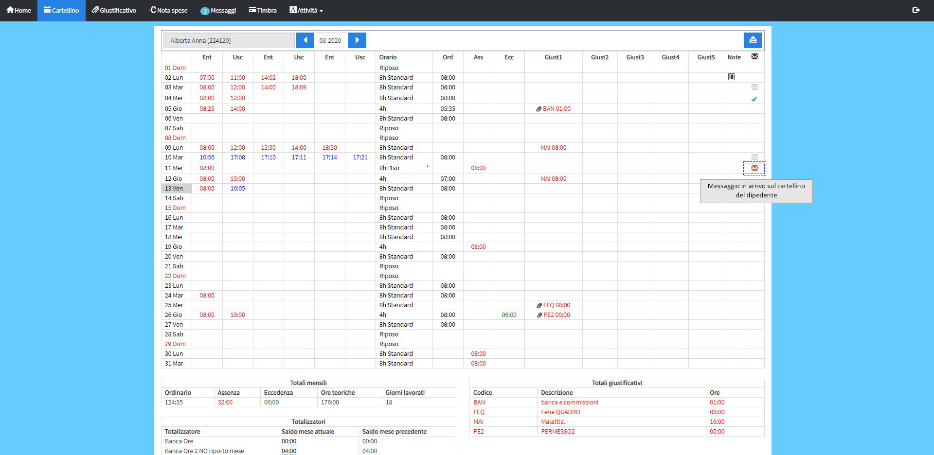 screenshot cartellinoweb 2 messaggio in arrivo sul cartellino del dipendente