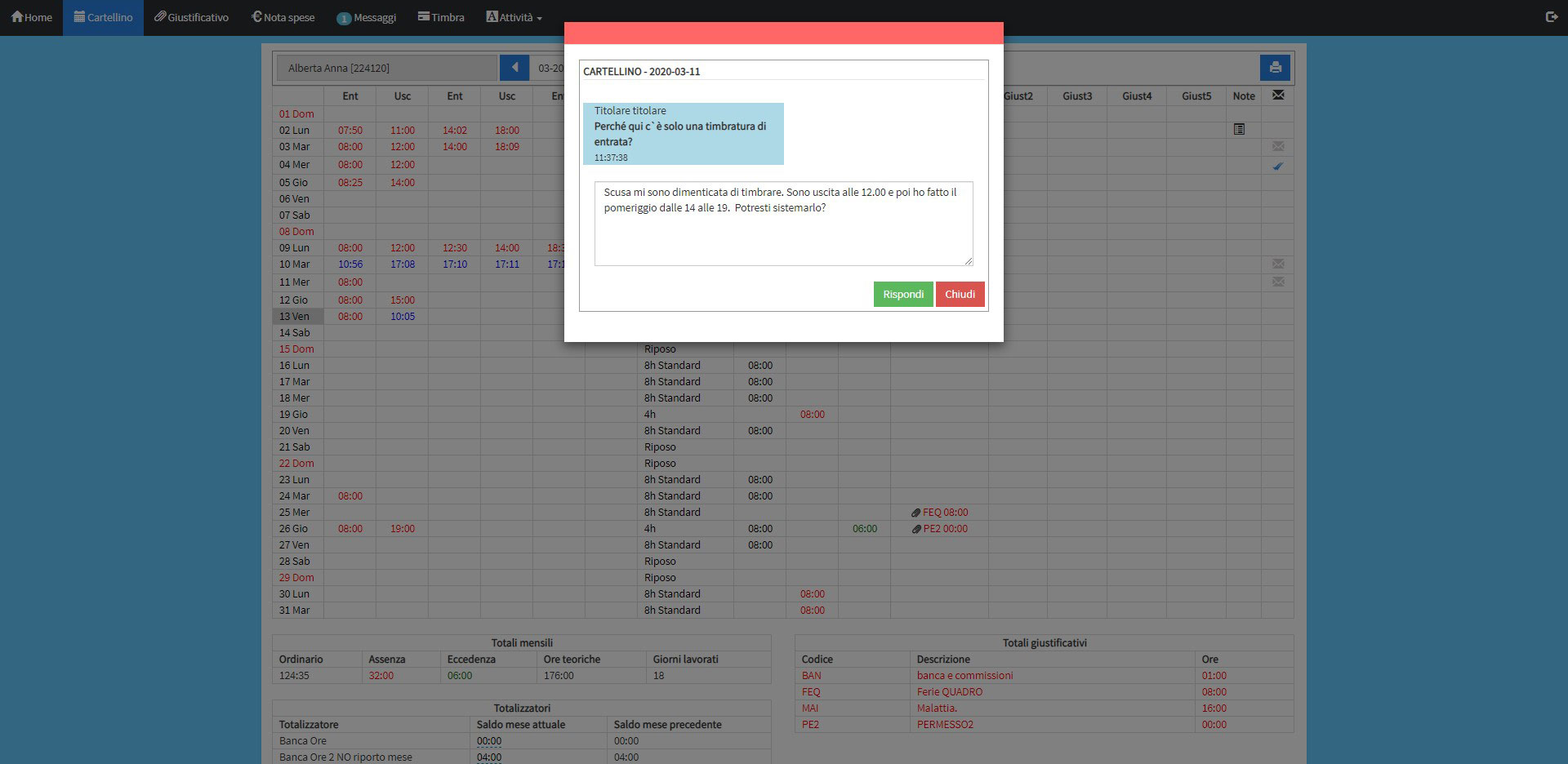 Screenshot cartellinoweb 2: messaggi di risposta dipendente