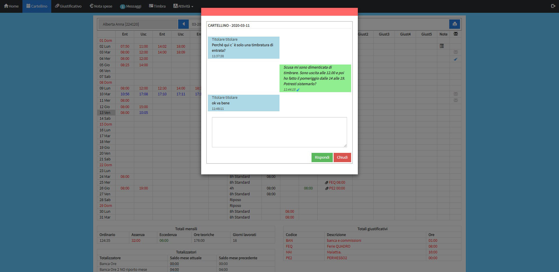 Screenshot cartellinoweb 2 messaggi risposta titolare